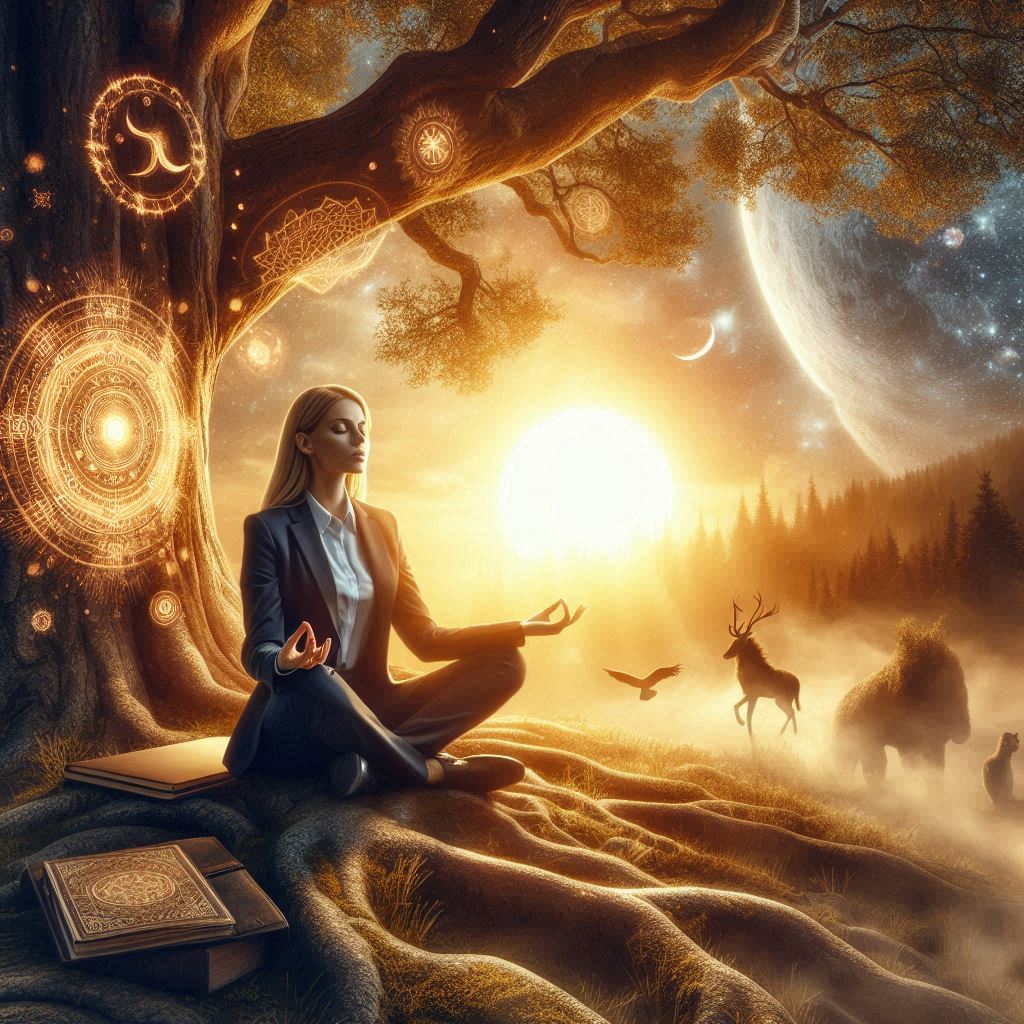 Donna seduta in meditazione ai piedi di un albero secolare, occhi chiusi, luce dorata del tramonto, atmosfera mistica e sacra, simboli antichi della natura (luna, animali, cerchi), connessione profonda con la terra