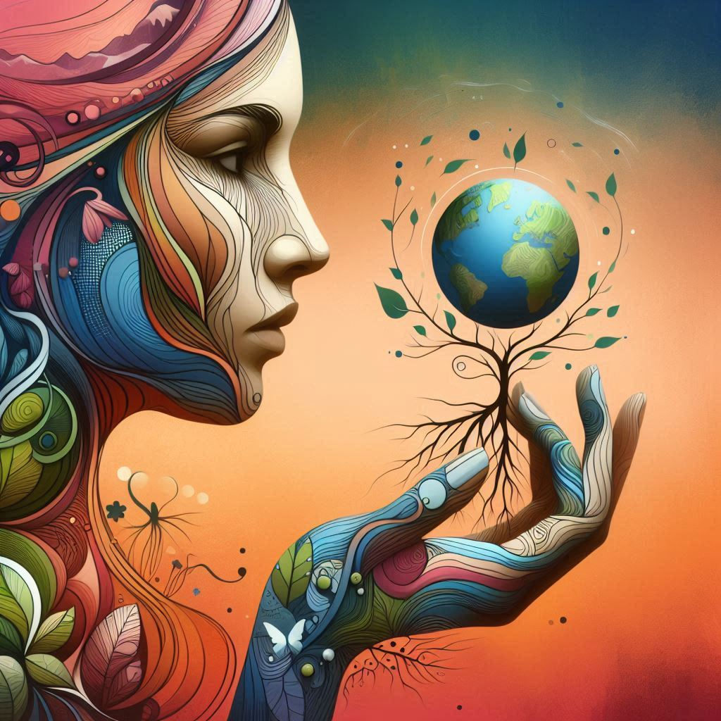 Ritratto simbolico di una donna leader che tiene in mano un piccolo pianeta Terra con radici che si estendono dalle dita, sfondo astratto con elementi naturali (foglie, fiori, montagne), rappresentazione della cura e del potere trasformativo, colori intensi ma armoniosi — stile arte concettuale