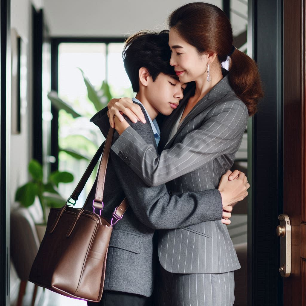 Confident mother in a tailored suit hugging her teenage son at the front door, briefcase in hand, emotional moment before leaving for work